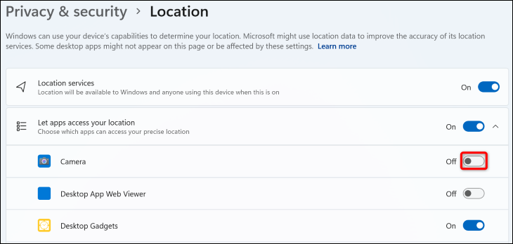 Désactivez l'accès à la localisation pour diverses applications.