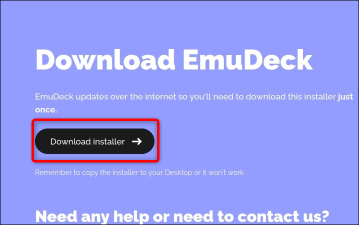 ダウンロードページにアクセスしたら、「Download Emudeck」ボタンを押して、インストールファイルがダウンロードされるまで待ちます。