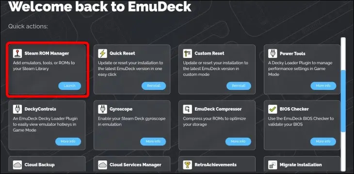 Você pode abrir o Steam Rom Manager na página inicial do Emudeck