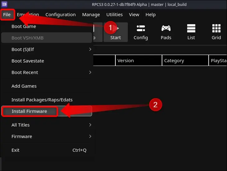 Uma vez dentro do RPCS3, instale o firmware clicando em Arquivo > Instalar Firmware