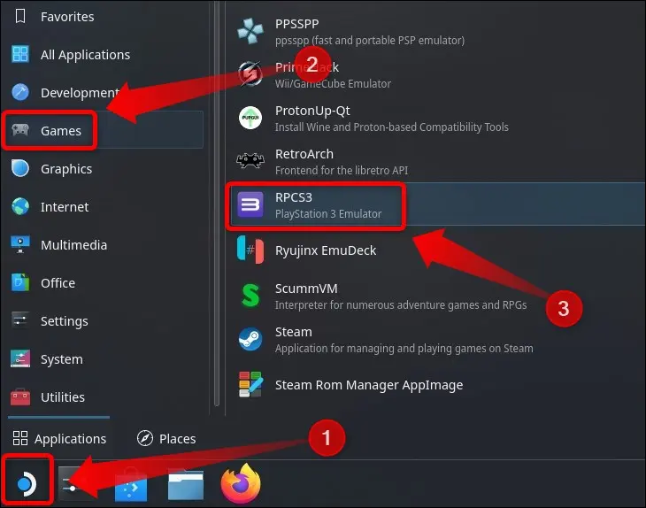 Selanjutnya, buka RPCS3 dengan mengklik tombol app launcher, pilih tab Games lalu buka RPCS3