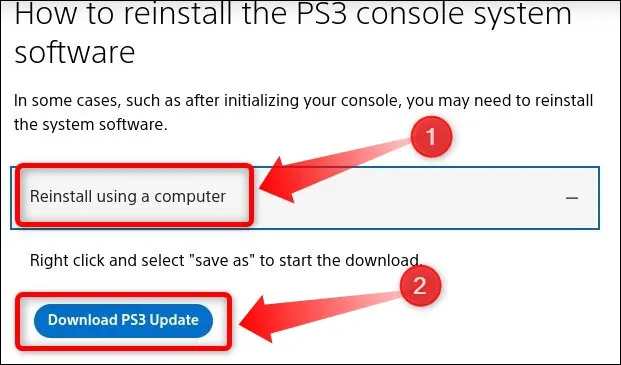PS3 konsolu sistem yazılımı nasıl yeniden yüklenir bölümüne gelene kadar aşağıdaki sayfayı aşağı kaydırın. Orada, PS3 üretici yazılımını indirin