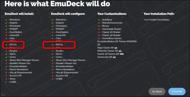 Asegúrese de que el RPCS3 esté en la lista de configuración del emulador y del emulador en la página Esto es lo que hará Emudeck