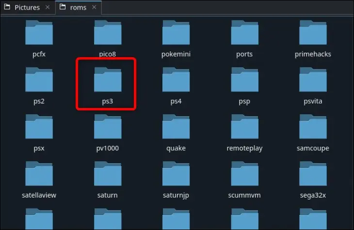 Une fois dans le menu roms, localisez le dossier PS3 et copiez vos jeux PS3 à l'intérieur