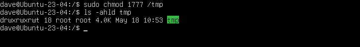 Usando chmod para definir as permissões no diretório /tmp