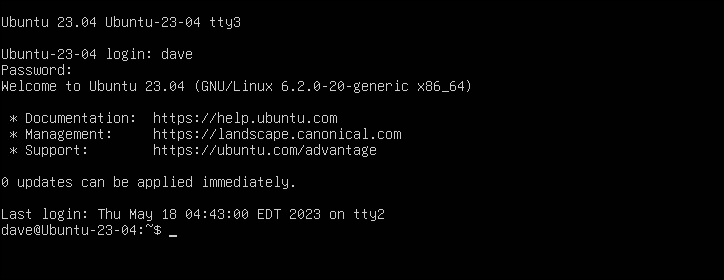 ข้อความเข้าสู่ระบบ Ubuntu บนหน้าจอเทอร์มินัล