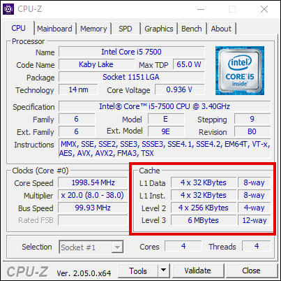 عرض ذاكرة التخزين المؤقت L1 في CPU-Z