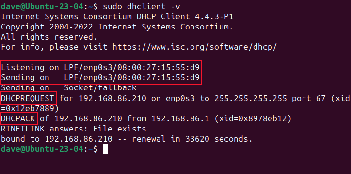 Utilisation de la commande dhclient -v pour inspecter les messages DHCP, sous Ubuntu Linux