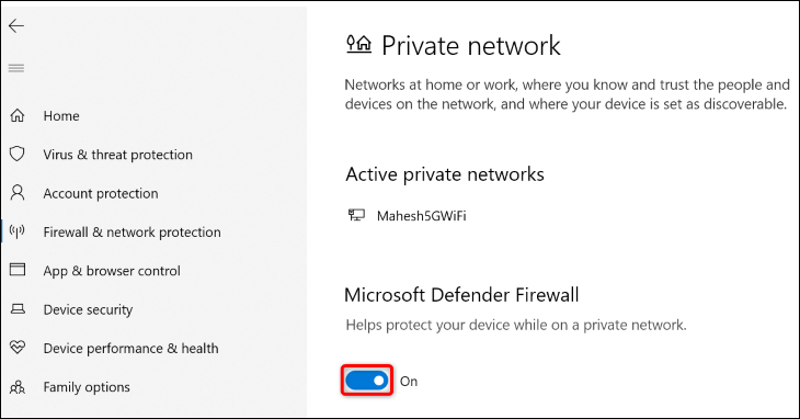 Désactivez "Pare-feu Microsoft Defender".