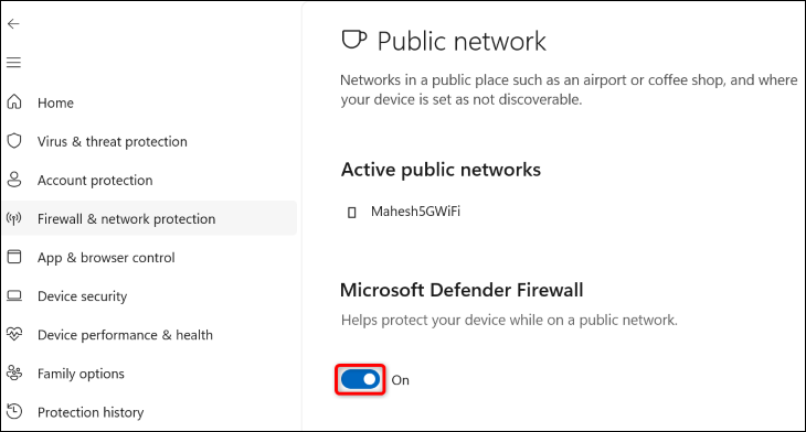 قم بإيقاف تشغيل "جدار حماية Microsoft Defender".