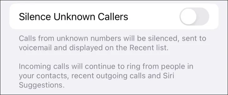 iPhoneの設定でオプションを「不明な発信​​者をサイレントにする」に切り替えます