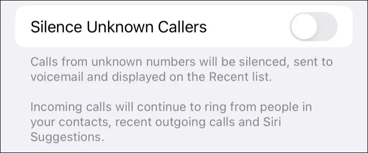สลับตัวเลือกเป็น "ปิดเสียงผู้โทรที่ไม่รู้จัก" ในการตั้งค่า iPhone