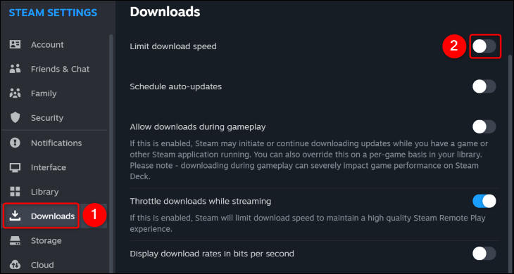 Disattiva "Limita la velocità di download".