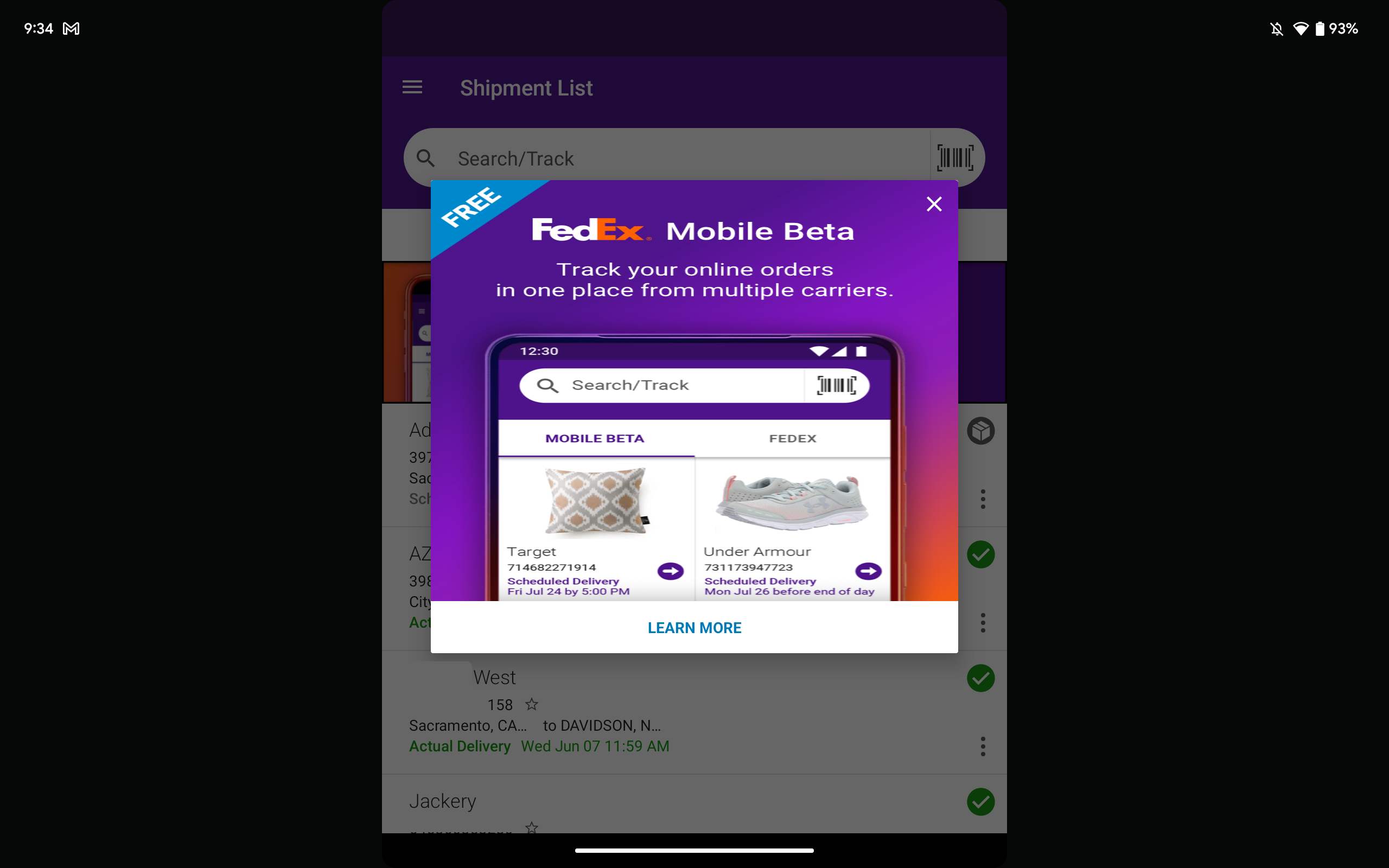 Application mobile FedEx mal formatée exécutée sur la tablette Google Pixel