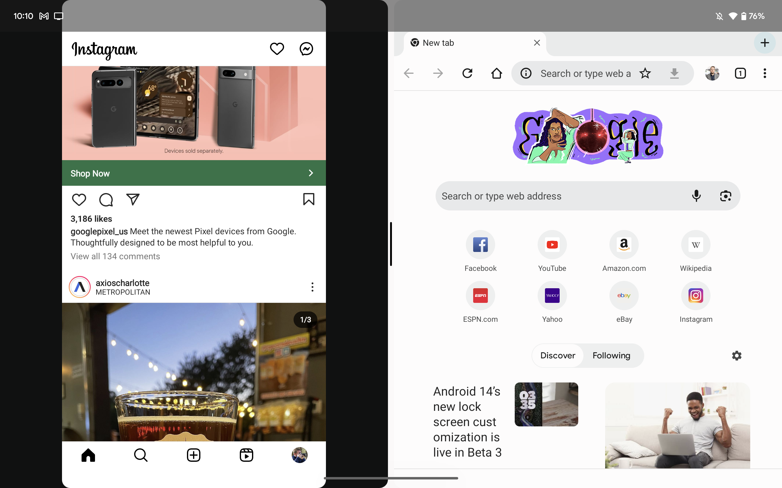 แอป Chrome และ Instagram ทำงานบนแท็บเล็ต Google Pixel