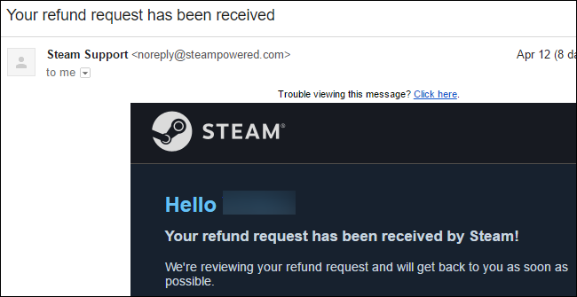 อีเมล "ได้รับคำขอคืนเงินของคุณแล้ว" จากฝ่ายสนับสนุน Steam