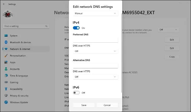 إعدادات DNS على جهاز كمبيوتر يعمل بنظام Windows 11