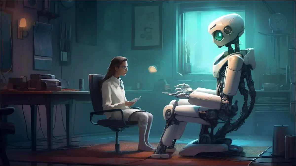 Шептун с искусственным интеллектом работает с роботом с искусственным интеллектом в офисе.