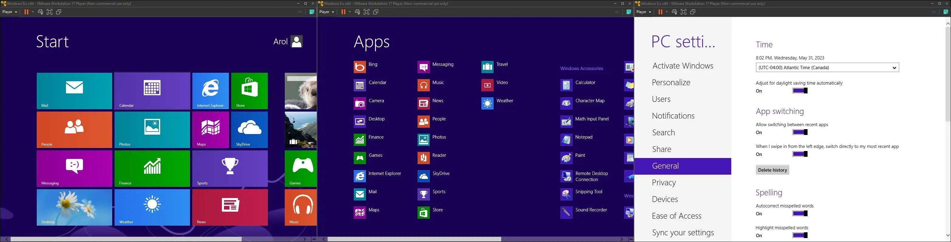 虚拟机上的 Windows 8 图像，显示开始菜单、所有应用程序菜单和设置应用程序