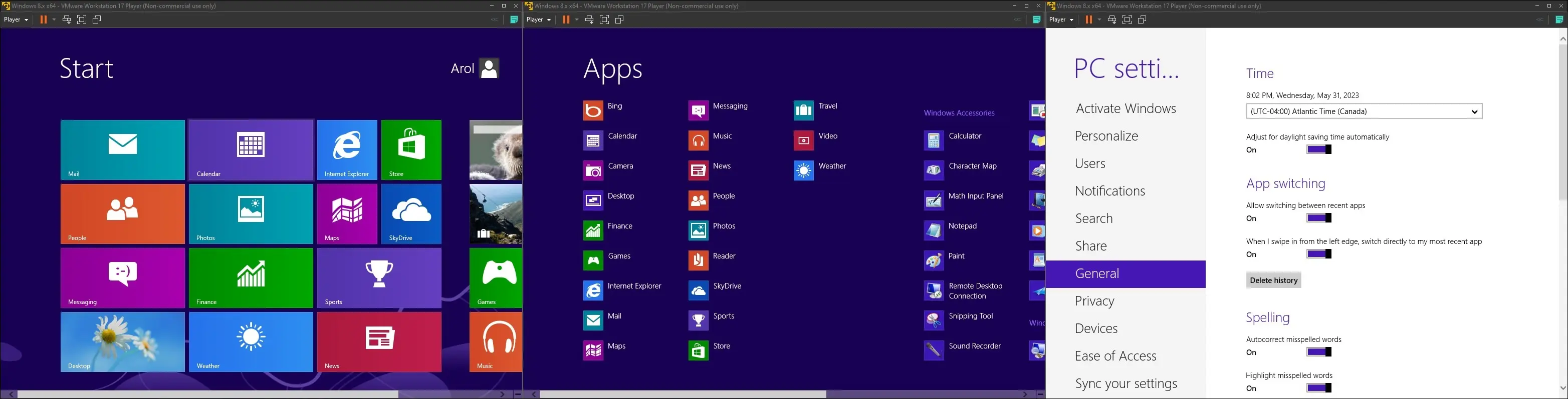 immagini di Windows 8 su una macchina virtuale, che mostrano il menu di avvio, il menu di tutte le app e l'app delle impostazioni