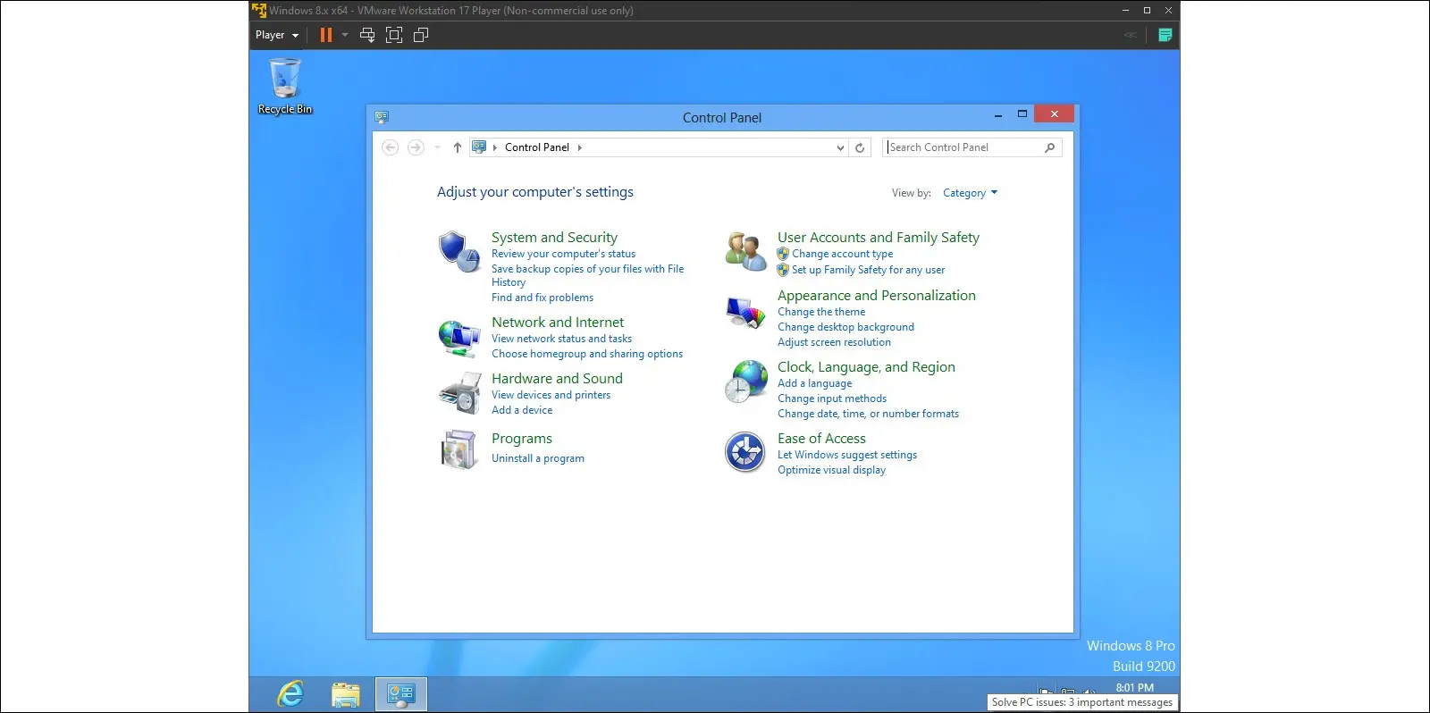 obrazy systemu Windows 8 na maszynie wirtualnej, przedstawiające Panel sterowania