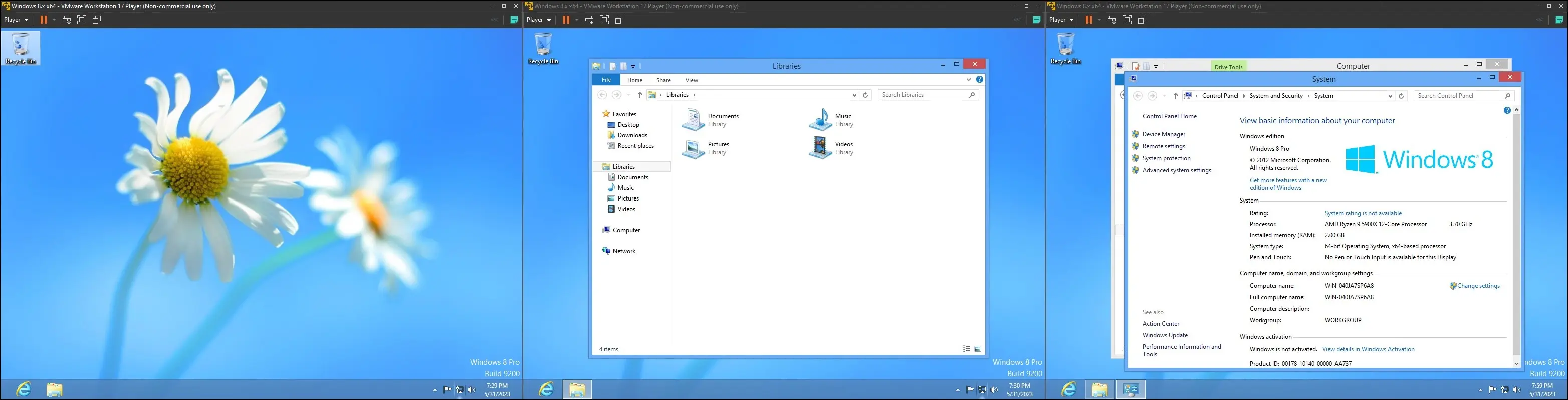 obrazy systemu Windows 8 na maszynie wirtualnej, przedstawiające pulpit, interfejs eksploratora i stronę „Informacje o komputerze”