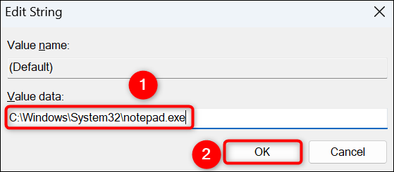 ป้อนเส้นทาง Notepad แล้วเลือก "ตกลง"