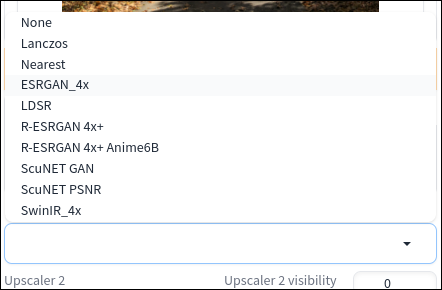 利用可能なアップスケーラーを示す Stable Diffusion WebUI のドロップダウン リスト。