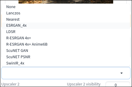 Lista derulantă în Stable Diffusion WebUI care arată upscalerele disponibile.