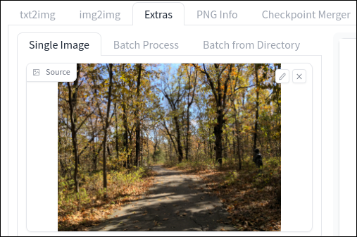 Stable Diffusion WebUI의 Extras 업로드 필드에 있는 사진.