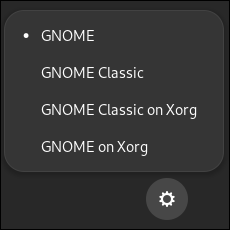 O menu suspenso no GNOME que permite escolher uma experiência de desktop baseada em Wayland ou X11