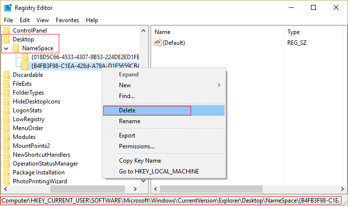 klik kanan pada kunci di bawah NameSpace dan pilih Hapus