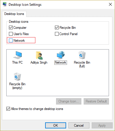 hapus centang Jaringan di bawah Pengaturan Ikon Desktop