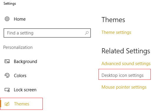 pilih Tema dari menu sebelah kiri lalu klik Pengaturan ikon Desktop