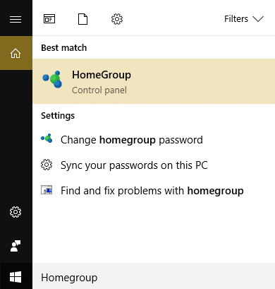 klik HomeGroup di Pencarian Windows