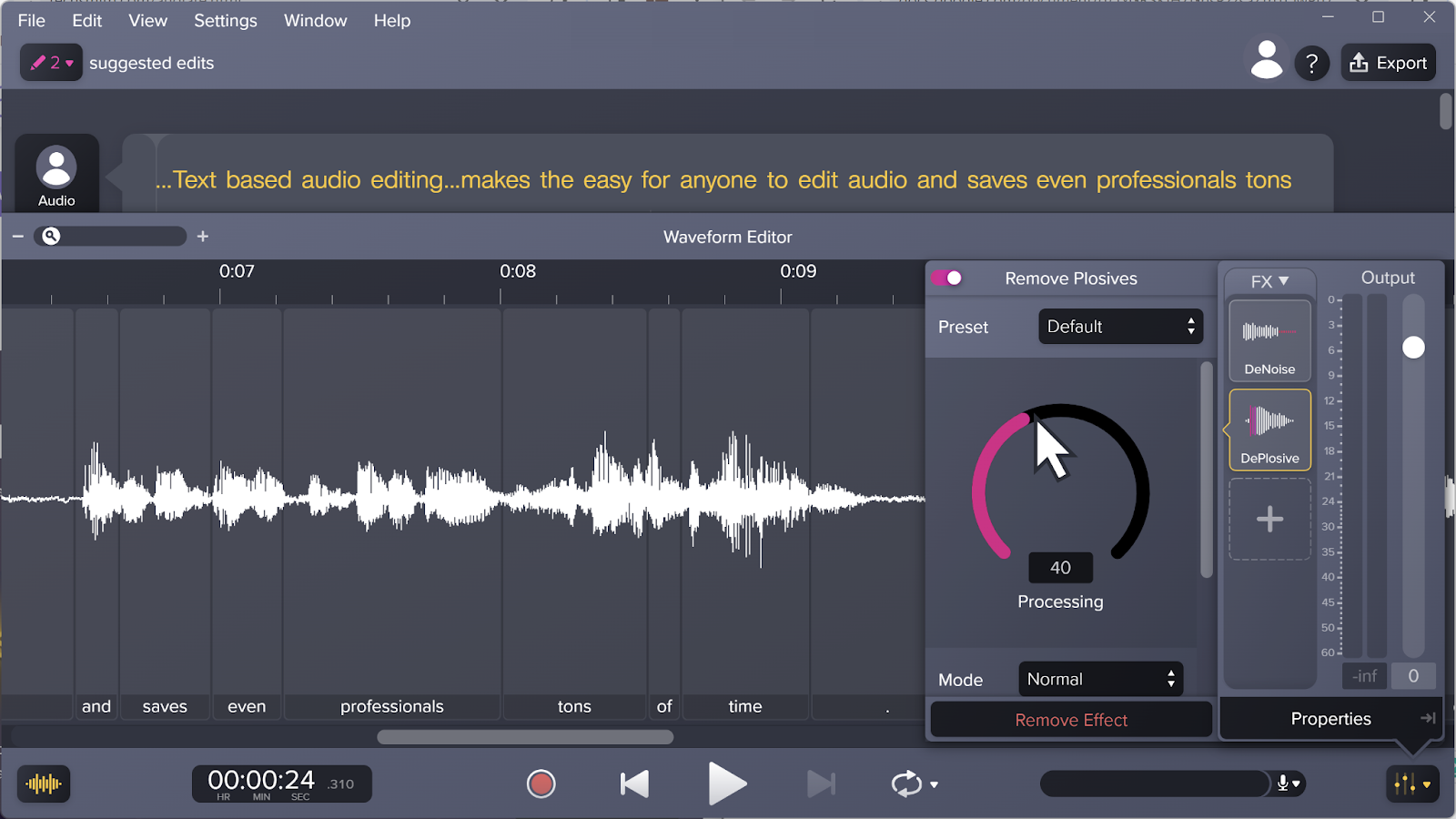 Imagem do software editor de voz Audiate que minimiza plosivas com o efeito Remover Plosivas.
