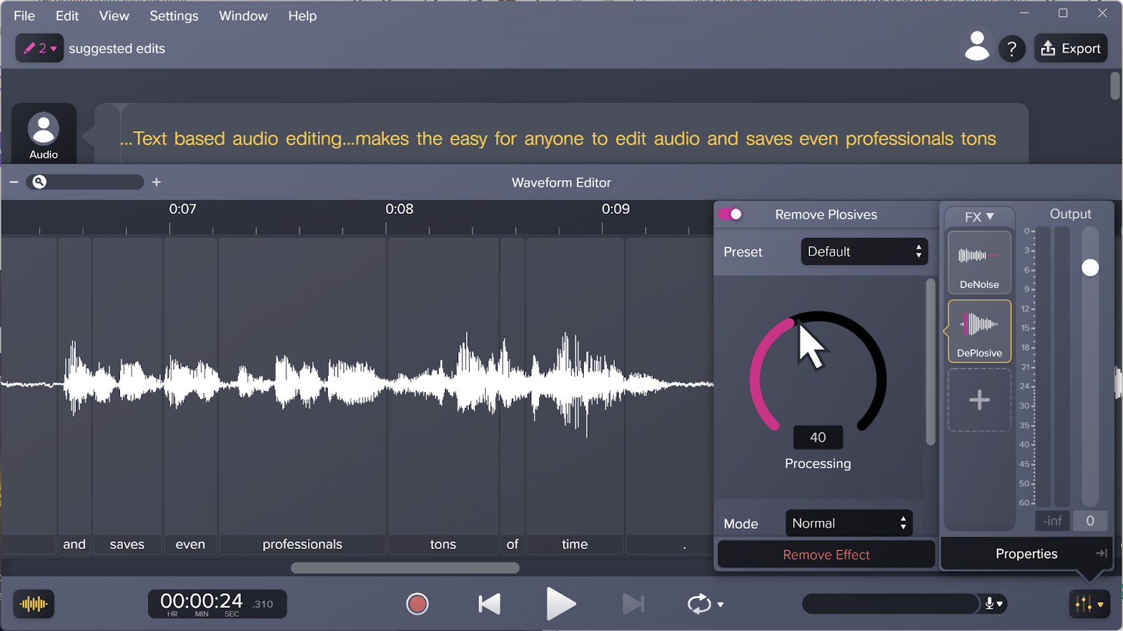 Remove Plosives エフェクトを使用して破裂音を最小限に抑える Audiate 音声編集ソフトウェアのイメージ。