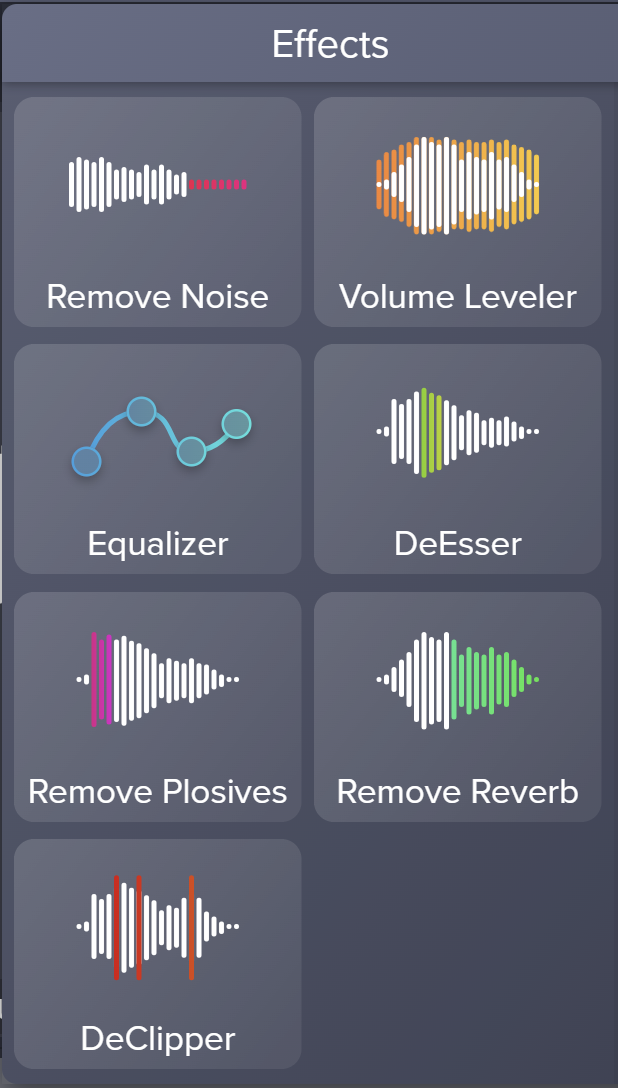 Image de la liste des effets dans Audiate qui contrôlent la manière dont vous pouvez modifier votre enregistrement audio.