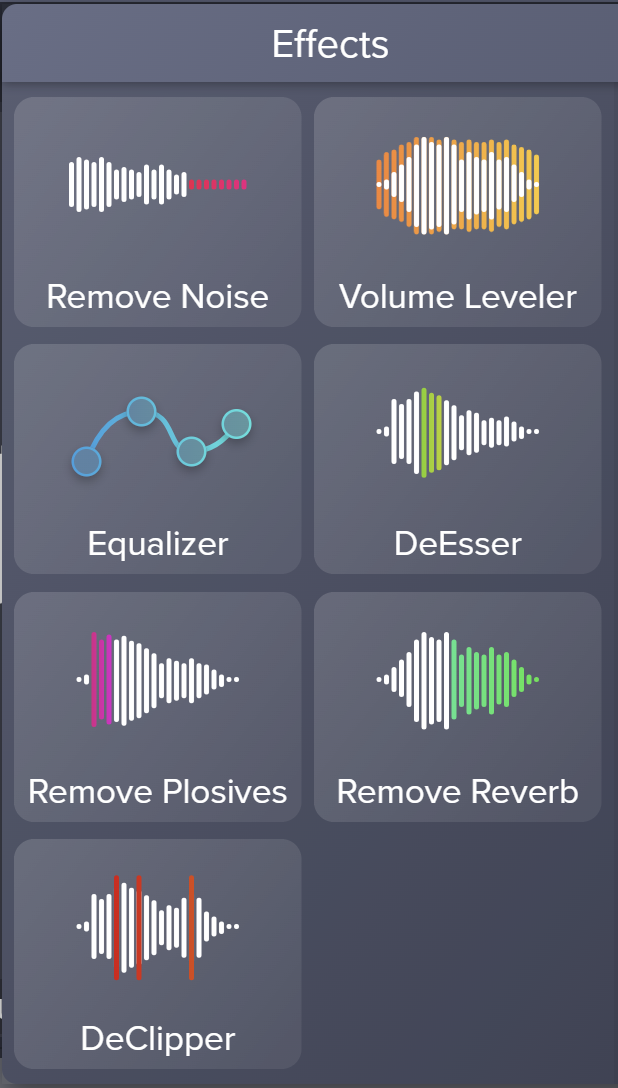 Gambar daftar Efek di Audiate yang mengontrol cara Anda mengedit rekaman audio Anda.