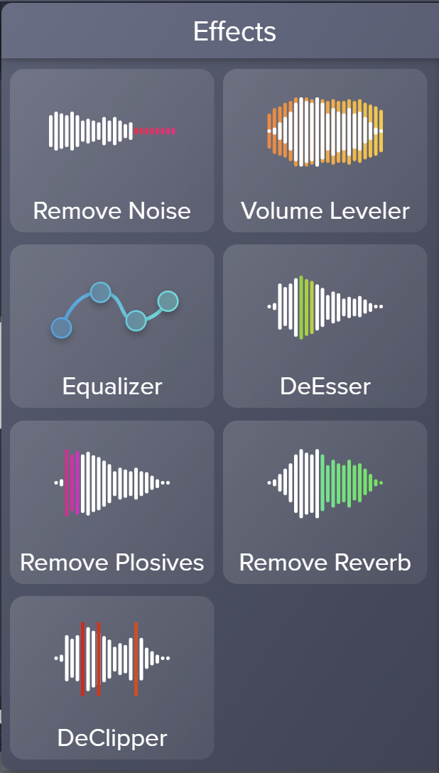 オーディオ録音の編集方法を制御する Audiate のエフェクト リストの画像。