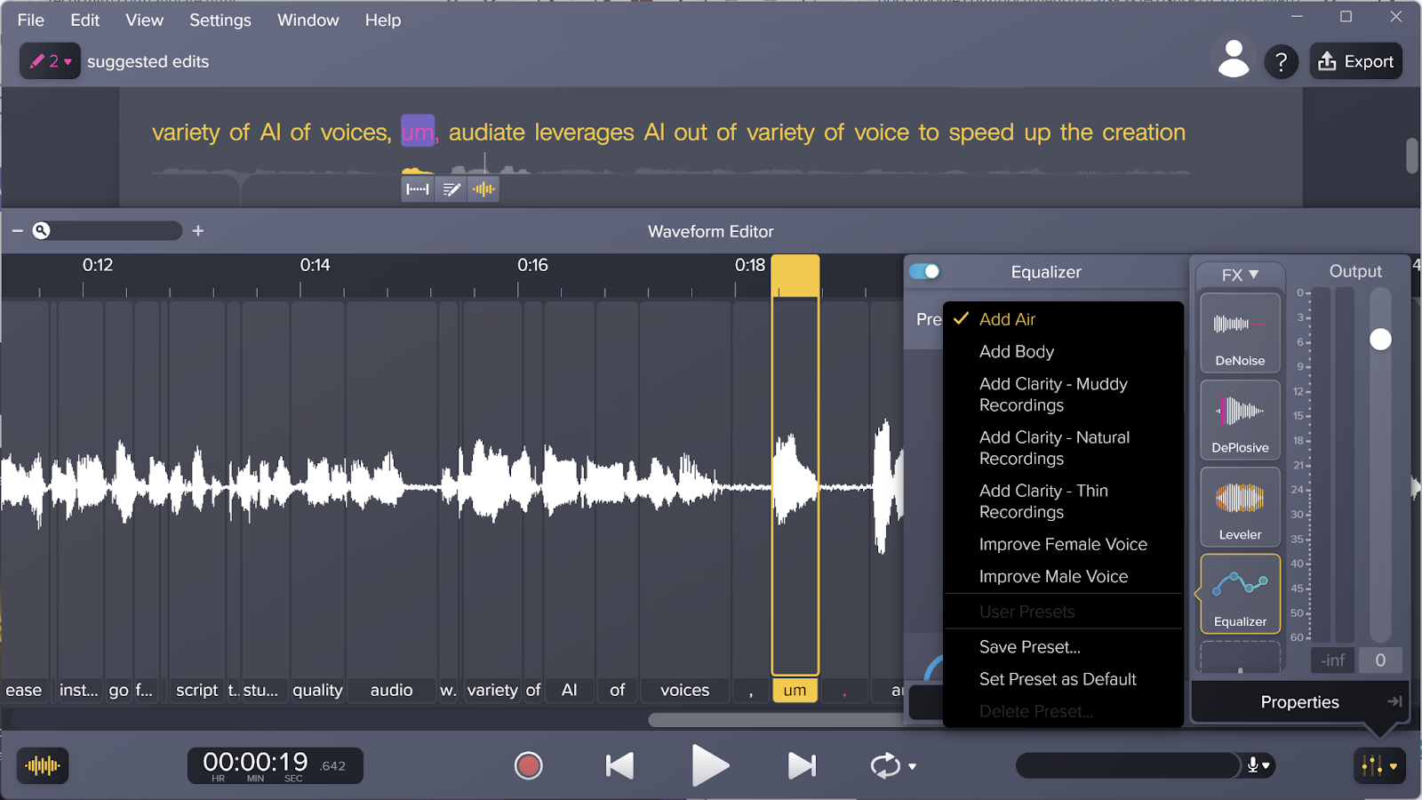 Audiate のイコライザー機能と、それが提供するすべての洗練された機能の画像。