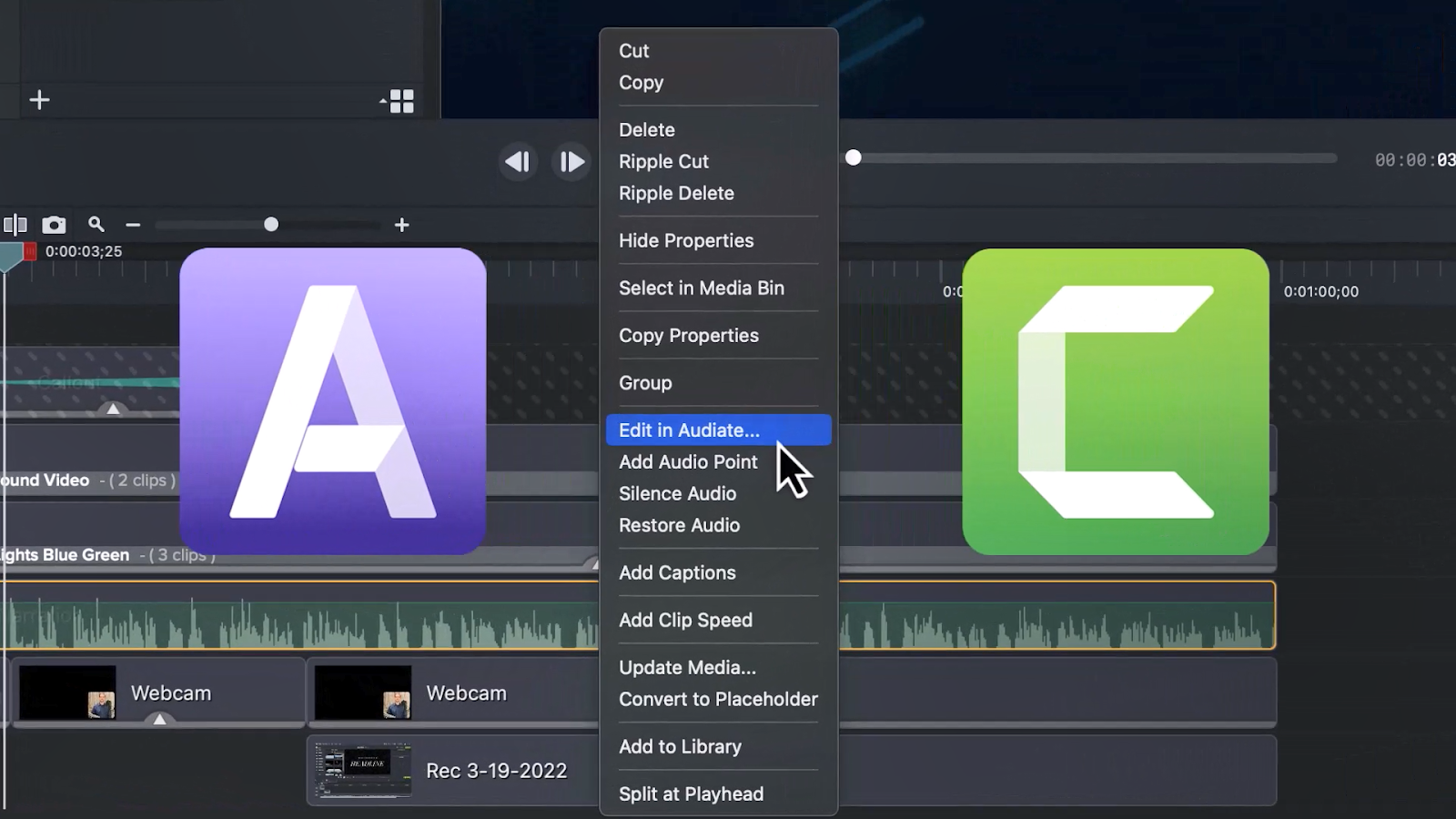 Audiate 和 Camtasia 一起在 Audiate 中编辑视频的图片。