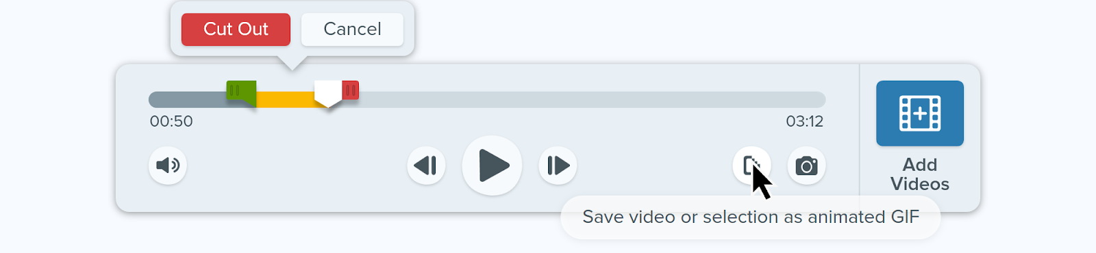 「ビデオまたは選択範囲をアニメーション GIF として保存」ボタンの上にカーソルが置かれている、Snagit の使いやすい UI の画像。