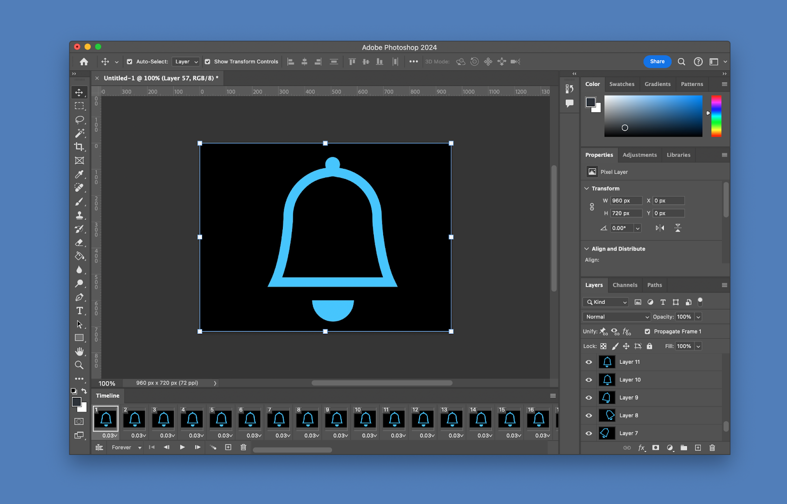 Çerçeveleri ve katmanları kullanan Adobe Photoshop GIF işleminin görüntüsü.