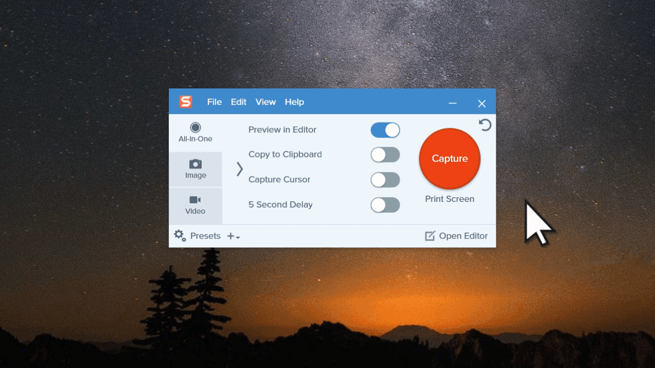 GIF de una tecla de acceso rápido en el menú de Snagit.