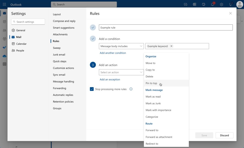 ภาพหน้าจอของการตั้งค่าใน Outlook ซึ่งคุณสามารถตั้งกฎสำหรับข้อความที่ต้องการได้