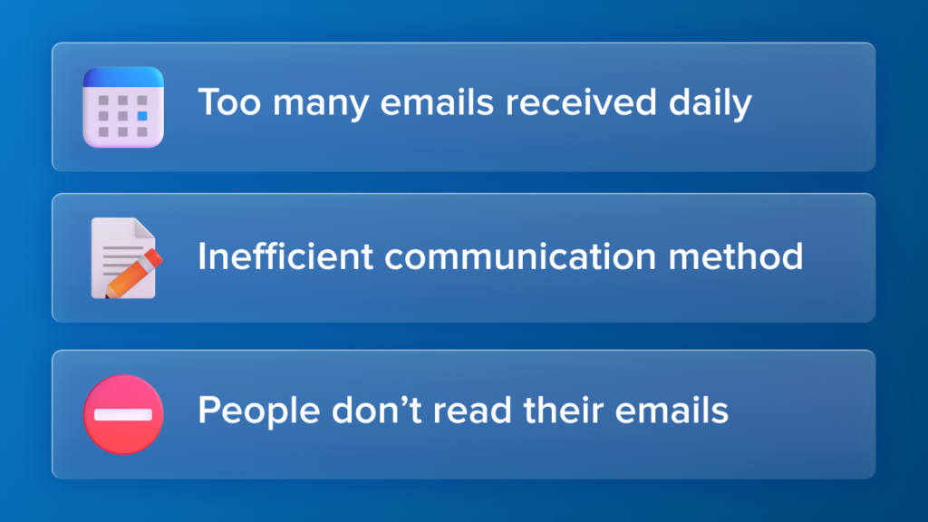 Lista cu pictograme și text: Prea multe e-mailuri primite zilnic, metodă de comunicare ineficientă, oamenii nu își citesc e-mailurile