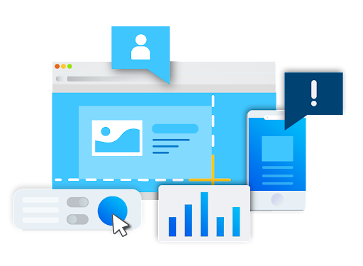 Ilustrasi memperlihatkan jendela browser, layar ponsel, dan berbagai ikon komunikasi di tempat kerja. Browser menampilkan area yang dipilih dalam tata letak halaman web, avatar pengguna dengan gelembung ucapan, dan pemberitahuan tanda seru.