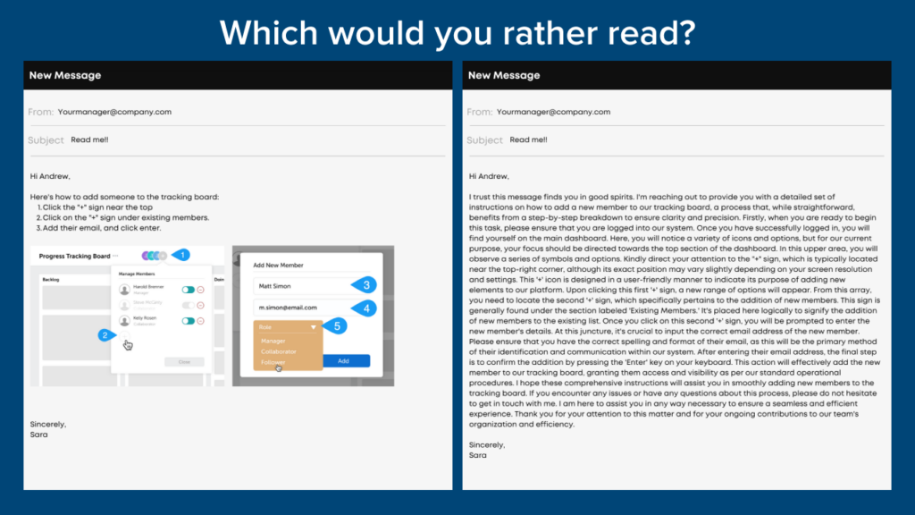 Neben zwei E-Mail-Nachrichten enthält die eine nur wenig Text und Bilder, die andere ist nur eine große Textwand, die Sie nicht lesen möchten.