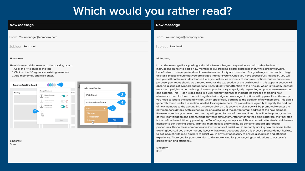 A: Möchten Sie lieber eine Grafik mit einer E-Mail, die visuelle Kommunikation verwendet, und einer E-Mail, die nur Text verwendet?